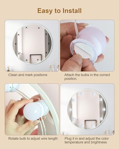 10 Bulbs LED Vanity Lights for Mirror, 3000K 4000K 6500K & 10-Brightness, Wire Length Adjustable, USB Cable, Hollywood Mirror Lights for Makeup Dressing Room Bathroom, White - size: 10 Dimmable Bulbs