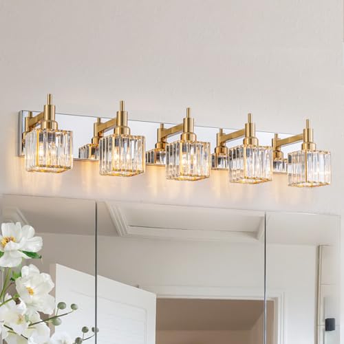 Crystal Bathroom Light Gold Chrome 5-Light Modern Bathroom Vanity Fixtures Over Mirror Square Wall Sconce - color: Gold Chrome-Square Shade, size: 5-Light