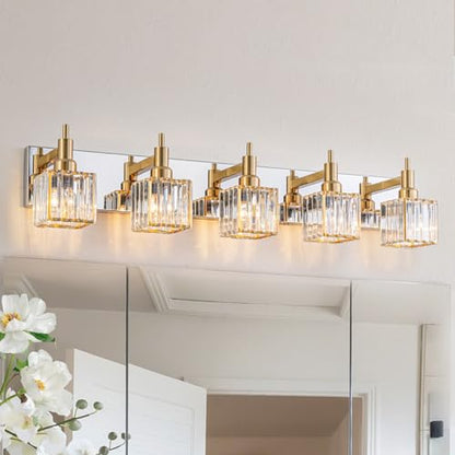 Crystal Bathroom Light Gold Chrome 5-Light Modern Bathroom Vanity Fixtures Over Mirror Square Wall Sconce - color: Gold Chrome-Square Shade, size: 5-Light