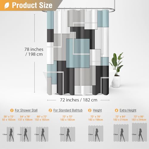 72x78 Long Modern Geometric Waterproof Fabric Shower Curtain, Fog Blue | Tall Size, Premium Polyester, Weighted Hem, 12 Plastic Hook, Vibrant Color, Wrinkle-resistant, Quick-Dry, Machine Washable - color: Fog Blue, size: 72"W x 78"L (Pack of 1)