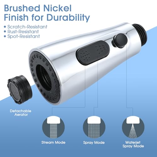 Kitchen Faucet Sprayer Head Replacement, 3 Function Pull Down Sink Faucet Spray Head with Detachable Aerator, Universal Fit, Chrome/Brushed Nickel Finish, Leak-Proof Nozzle for Kitchen Sink