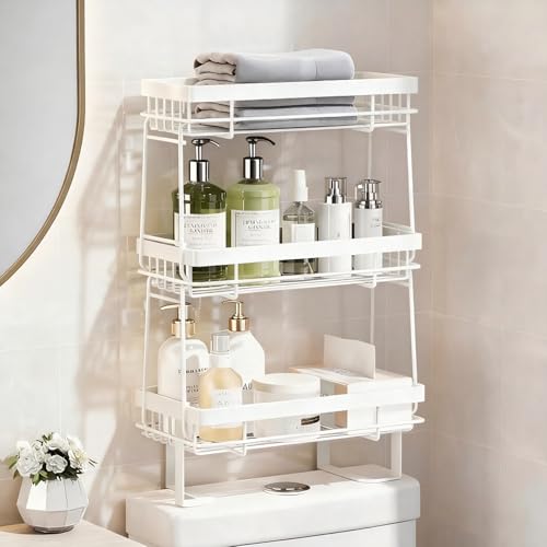 Over The Toilet Storage Rack - Bathroom Organizer Shelf, 3-Tier Floating Shelves with Hooks, No-Drill, Toilet Paper Holder for Restroom Bathroom Vanity Kitchen, White - color: White, size: 3 Tier