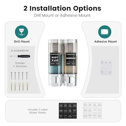 Wall-Mounted Shampoo and Conditioner Dispenser 2 Chamber No Drill,Chrome | Shower Soap Dispenser for Bathroom Hotel Large Capacity,each 300ml with two waterproof labels - color: 2chrome