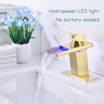 LED Waterfall Bathroom Faucet, Brushed Gold RV Bath Vanity Faucet for Sinks - 1 or 3 Hole Mount