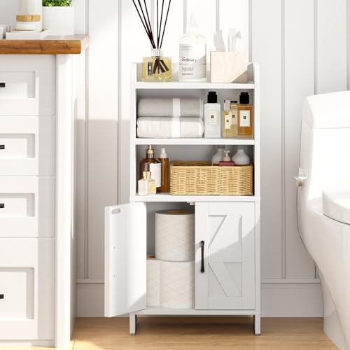 Small Bathroom Storage Cabinet, Farmhouse Freestanding Toilet Paper Storage with 2 Doors and Shelves, Slim Bathroom Storage Cabinet for Small Spaces, White, 7.9" D x 14.2" W x 29.5" H