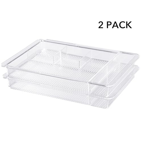 Oubonun Expandable Drawer Organizer 11.1” to 19.2” Width, Shallow Cosmetic Organizer 1.3” Height, 2 Packs, Clear Plastic Storage Trays for Dressing Table,Bathroom - style: Shallow 2 Packs
