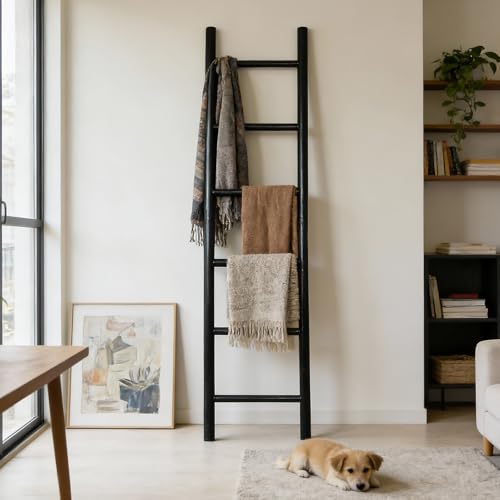 Wooden Blanket Ladder - 76in Natural & Motley Wood - Leaning Wall Decor for Bedroom, Bathroom, Living Room - Rustic Quilt Holder & Towel Rack (Black, 76in | Pre Assembled) - color: Black, size: 76in | Pre Assembled