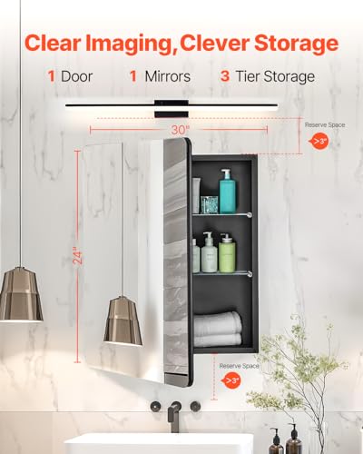 VEVOR Medicine Cabinet, 24 x 30 inch, Medicine Cabinet for Bathroom with Mirror, Aluminum Frame Bathroom Wall Cabinet, 2-Layer Adjustable Shelves, Recessed & Wall-Mounted Installation - size: 24x30in