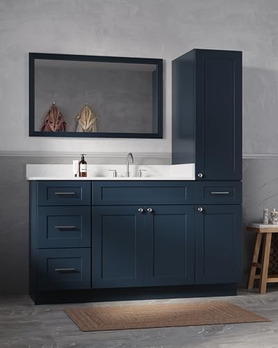 60" Bathroom Vanity with Linen Storage Tower and 4 Drawers, Carrara Quartz Top and Ceramic Sink, Left or Right Tower Option, Solid Wood Frame, 61" x 22" x 72" (Navy Blue, Right Tall Cabinet) - color: Navy Blue