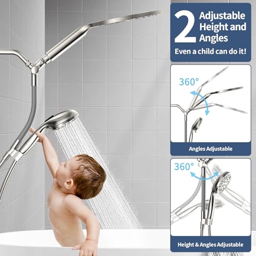 High Pressure Dual Shower Head with Handheld Spray Combo | 9 Spray Modes Handheld Showerhead, Double Rainfall Structure, Waterfall Shower Equipped with 79-Inch Hose, Brushed Nickel - color: Brushed Nickel