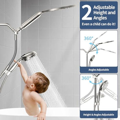 High Pressure Dual Shower Head with Handheld Spray Combo | 9 Spray Modes Handheld Showerhead, Double Rainfall Structure, Waterfall Shower Equipped with 79-Inch Hose, Brushed Nickel - color: Brushed Nickel