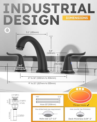 WOWOW Widespread Bathroom Faucet - 3 Hole, Black, 8 Inch Center, Double Handle, High Arc, Lavatory Basin Faucet with Pop Up Drain Assembly - color: Black