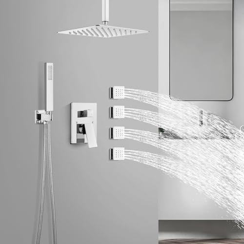 gotonovo Ceiling Shower System with 4pcs Full Body Jets,Polished Chrome | SUS304 12’’ Rain Shower Head with Handheld Spray,Brass Body Message Jets,Ceiling Mount,Rough-in Valve and Trim Kit,All Metal - color: Chrome