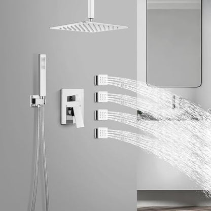 gotonovo Ceiling Shower System with 4pcs Full Body Jets,Polished Chrome | SUS304 12’’ Rain Shower Head with Handheld Spray,Brass Body Message Jets,Ceiling Mount,Rough-in Valve and Trim Kit,All Metal - color: Chrome