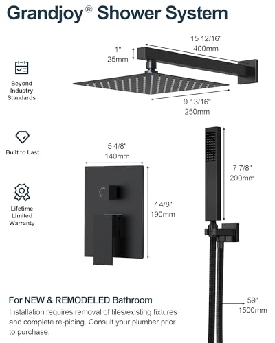 10" Shower System, Wall Mount Shower Faucet Set, Matte Black | Pressure-Balance Rough-In Valve Included, High Flow Square Rainhead, Stainless Steel Fixture for Bath Remodels - color: Matte Black
