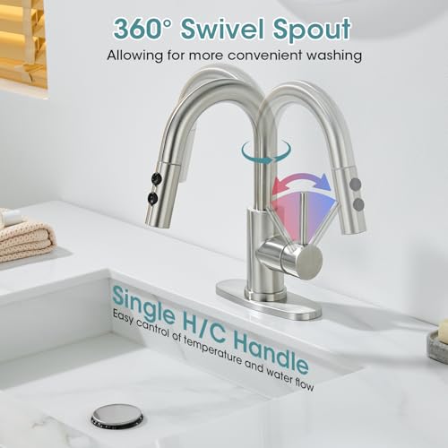 Brushed Nickel Bathroom Faucet with Pull Down Sprayer, 2 Flow Mode | Modern Stainless Steel Bathroom Sink Faucet with Pop-up Drain and Hoses, RV & Outdoor Basins, for 1 or 3 Hole - color: Brushed Nickel