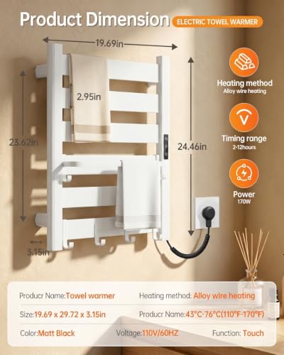 Wall Mounted Heated Towel Rack, 6-Bar Towel Warmer for Bathroom | PTC Fast Heating Up to 170°F in 6 Minutes, Adjustable Temperature 110–170°F, 2–12H Timer, Space Aluminum, Matte White - color: White, size: 6-Bars