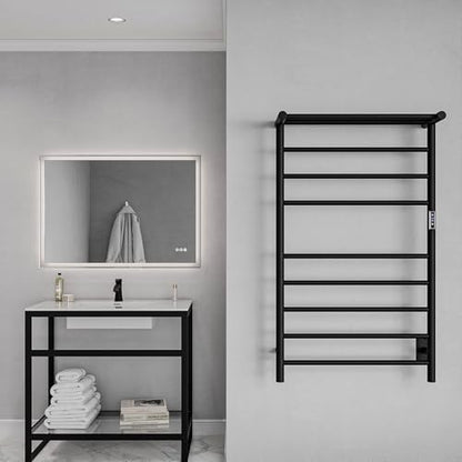 ANZZI Eve Modern 8-Bar Wall Mounted Towel Warmer with Top Shelf in Matt Black, Energy Efficient 93W Electric Plug in Heated Towel Rack, Towel Heater Rail with On/Off Switch, TW-AZ012MBK - color: Matte Black