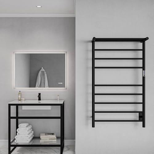 ANZZI Eve Modern 8-Bar Wall Mounted Towel Warmer with Top Shelf in Matt Black, Energy Efficient 93W Electric Plug in Heated Towel Rack, Towel Heater Rail with On/Off Switch, TW-AZ012MBK - color: Matte Black