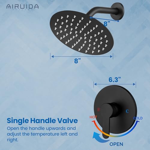 Airuida Shower Faucet Set,8 Inch Matte Black Shower Trim Kit | Round Rainfall Shower Head,Single Handle,Male Threads Rough-in Valve,Wall Mount Bathroom System - color: Black, size: 8 Inch
