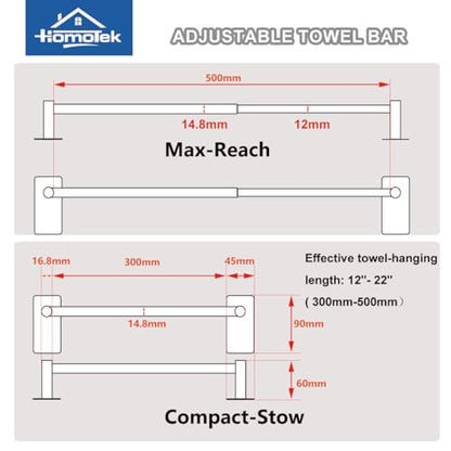 Adjustable AdhesiveTowel Bar 2 Pack, HOMOTEK Economical Self Stick Single Towel Holders, Towel Rod Size from 12 Inch to 22 InchTowel Racks, Towel Hanger Hook for Kitchen(Matte Black) - color: Economical-self-adhesive-matte Black, size: 2 Pack