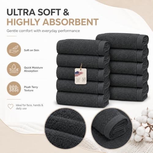 Ameri-Homes Washcloths Pack of 10, 100% Ring Spun Cotton Drak Gray | Soft Face Towel,Highly Absorbent 100% Ring Spun Cotton, 488 GSM Quick-Dry, 12.5 x 12.5 In, WashCloths for Bath Gym Spa - color: Dark Gray