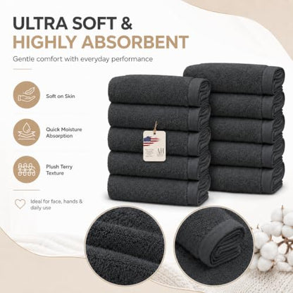 Ameri-Homes Washcloths Pack of 10, 100% Ring Spun Cotton Drak Gray | Soft Face Towel,Highly Absorbent 100% Ring Spun Cotton, 488 GSM Quick-Dry, 12.5 x 12.5 In, WashCloths for Bath Gym Spa - color: Dark Gray