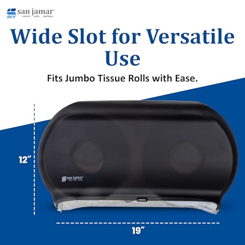 San Jamar Classic Bath Tissue Dispenser – Twin 9", Jumbo Bath Tissue Holder for Bathroom, Dual-Roll System, Break-Resistant Plastic, 3.25" Core, 12" × 19" × 5.25", Pearl Black