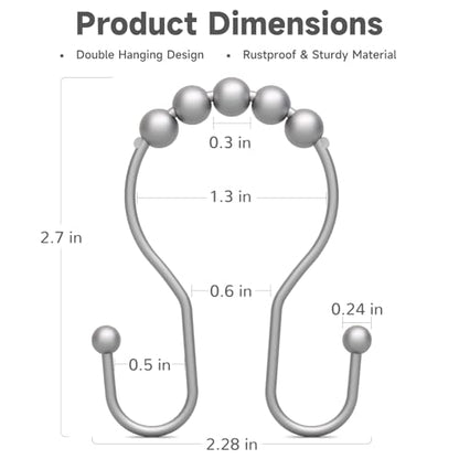Shower Curtain Hooks Silver, Bathway Shower Curtain Rings Rust Proof, Shower Hooks for Shower Curtain Balanced Smooth Glide Double Shower Curtain Hooks, 12 Pcs - color: Space Silver