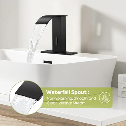 Automatic Motion Sensor Faucet with Waterfall Spout,Stainless Steel Sink Faucet with Hole Cover Plate (Regular, Black) - color: Black, size: Regular Waterfall