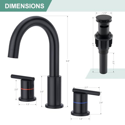 Faustina Black Bathroom Faucets,8 Inch Widespread Bathroom Faucet for Sink 3 Hole,Bathroom Faucet with Pop Up Drain,cUPC Water Supply Line,2-Handles Stainless Steel Vessel Sink Faucet Basin Mixer Tap - color: Black, style: Modern Widespread