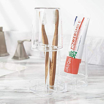 mDesign Modern Plastic Bathroom Vanity Countertop Toothpaste & Toothbrush Holder Stand with Rinsing Cup/Cover - Dental Center Holds Electric Toothbrushes - Clear