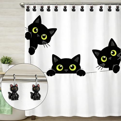 Novabright 12 Pcs Decorative Shower Curtain Hooks Cute Cat Shower Curtain Rings 2.4 Inch Handcraft Resin Cat Hooks for Bathroom 3.8 mm Metal Wire Smooth Sliding Hangers(Cute Style,Black)