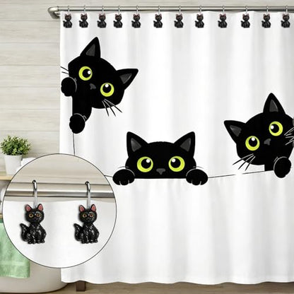 Novabright 12 Pcs Decorative Shower Curtain Hooks Cute Cat Shower Curtain Rings 2.4 Inch Handcraft Resin Cat Hooks for Bathroom 3.8 mm Metal Wire Smooth Sliding Hangers(Cute Style,Black)