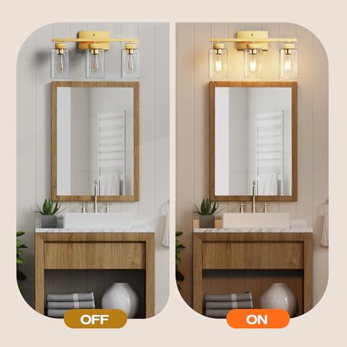 3-Light Bathroom Light Fixtures, Brushed Gold Modern Vanity Lights, Bathroom Lighting Fixtures Over Mirror, Square Design Farmhouse Wall Sconces with Clear Glass Shades - color: Brushed Gold, size: 3-Light