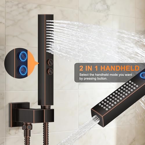 Oil Rubbed Bronze Shower System with Tub Spout, Ceiling Mounted Bathtub Shower Faucet Set, 12" Rainfall Shower Head and Handheld Shower Combo, High Pressure Shower Fixtures Set with Rough-in Valve - color: Oil Rubbed Bronze, style: 12" Ceiling Mounted Sho
