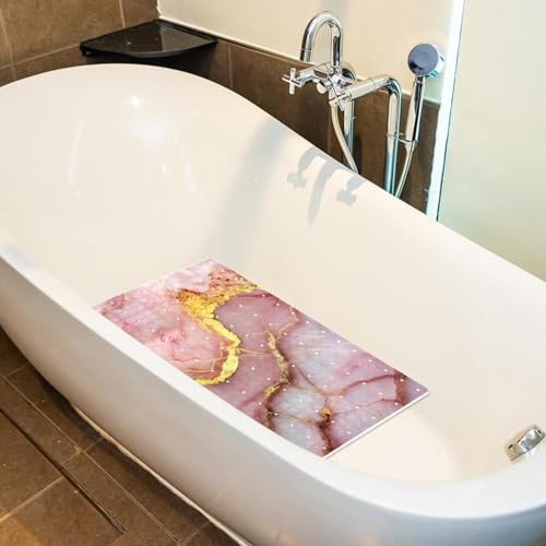 Shower Mat Non-Slip Bathtub Mats with Suction Cups and Drain Holes, Pink Marble with Gold Veins Design, Easy to Clean for Bathroom, 26.8x15.1In - color: Multi 11