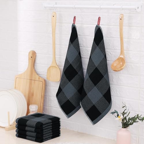 Homaxy 100% Cotton Check 12 Pack Dish Cloths, 12" x 12", Black & Grey | Waffle Weave, Plaid, Super Soft and Absorbent Dish Rags, Quick Drying, Multi-Purpose - color: Black & Grey, size: 12 x 12 - 12 Pack