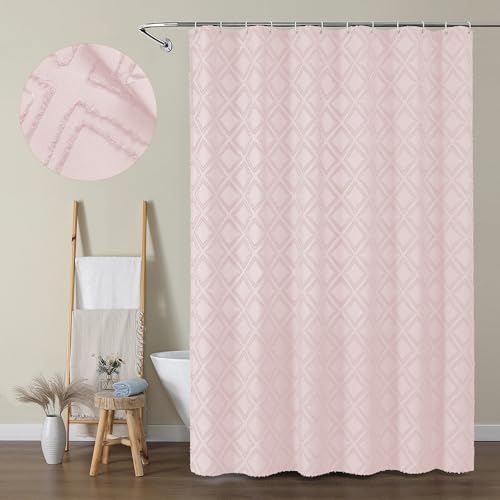 Extra Long 96 Inch Blush Shower Curtains, Boho Fabric Shower Curtain Grommet Top With 12 Hooks, Elegant Modern Jacquard Geometric Design Textured Shower Curtain for Bathroom, Blush, 72"W x 96"L - color: Blush, size: 72"W x 96"L (Pack of 1)
