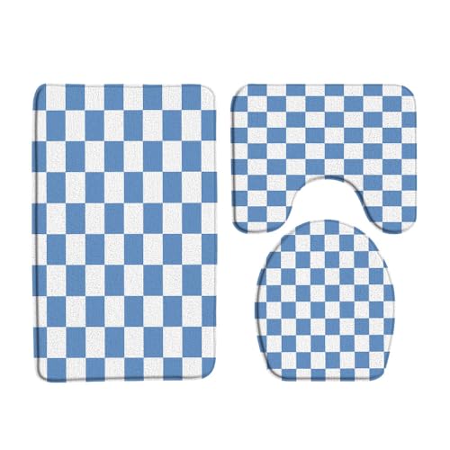 3PCS Checkered Bath Mat Set Blue and White Cute Retro Checkboard Minimalist Modern Groovy Aesthetic Memory Foam Bathroom Kitchen Toilet Decor Floor Rugs 35.4Wx23.6H Toilet Lid Cover and U-Shaped - color: Blue, size: 3PCS-35.4x23.6/60x90cm
