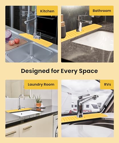 Sink Splash Guard – Pack of 2 Silicone Faucet Mats Non-Slip Foldable Drip Catcher for Kitchen & Bathroom, Green & Yellow 15.7 x 4.7 in Dish Soap & Sponge Hand Sanitzer Organizer Moho Prevention