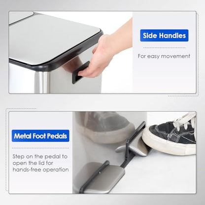 16 Gallon Stainless Steel Foot Pedal Trash Can,Rectangular Removable Inner Buckets Dual Compartment Recycling Large Capacity 60 Liter (30Lx2) Kitchen Garbage Can with Soft Close Lid for Kitchen Office - style: Dual Lid(60L)
