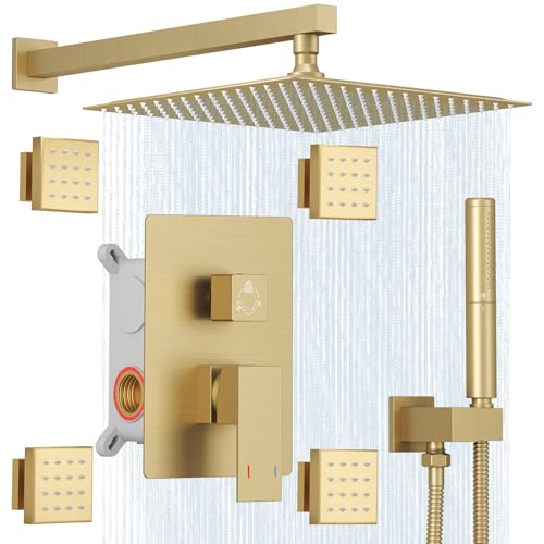 Hoimpro 12 Inch Rainfall Shower Faucet with 4 Full Body Shower Jet Fixtures Combo, Wall Mounted Shower System Set with Rain Mixer Shower Head and 2 in 1 Spray Handheld Showerhead, Brushed Gold - color: Brushed Gold