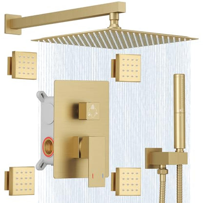 Hoimpro 12 Inch Rainfall Shower Faucet with 4 Full Body Shower Jet Fixtures Combo, Wall Mounted Shower System Set with Rain Mixer Shower Head and 2 in 1 Spray Handheld Showerhead, Brushed Gold - color: Brushed Gold