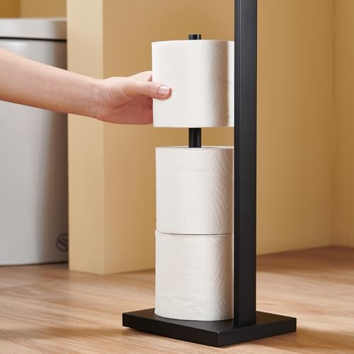 Freestanding Toilet Paper Holder Stand – Stainless Steel Bathroom Tissue Holder with Storage Tray & Roll Organizer, Square Design (Matte Black) - color: Matte Black
