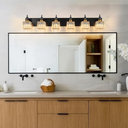 6-Lights Crystal Bathroom Vanity Light Black Gold Modern Bathroom Lighting Fixtures Over Mirror, Wall Light Fixtures - color: Black Gold-Square Shade, size: 6-Light