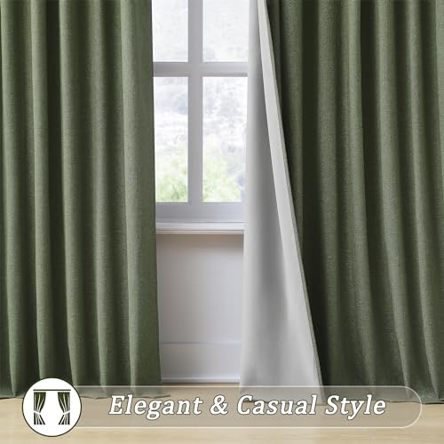 RAIN CITY Dark Olive Green Blackout Curtains Linen 63 Inches Long 2 Panels Set, Back Tab Pleated Look Thermal Insulated Curtains & Drapes for Living Room - Loden/Olive Forest W50 x L63 | Back Tab Thermal Insulated Linen Light Blocking Curtains & Drapes fo