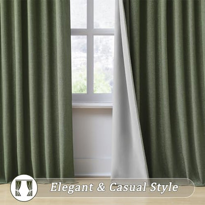 RAIN CITY Dark Olive Green Blackout Curtains Linen 63 Inches Long 2 Panels Set, Back Tab Pleated Look Thermal Insulated Curtains & Drapes for Living Room - Loden/Olive Forest W50 x L63 | Back Tab Thermal Insulated Linen Light Blocking Curtains & Drapes fo