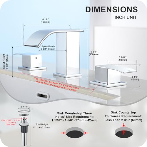 GAGALIFE 8 Inch Waterfall Bathroom Faucets for Sink 3 Hole - Chrome Bathroom Faucet with Pop-up Drain, Widespread Bathroom Sink Faucet 2-Handles, Patent No. : US D967,340 S - color: Chrome, style: With Drain