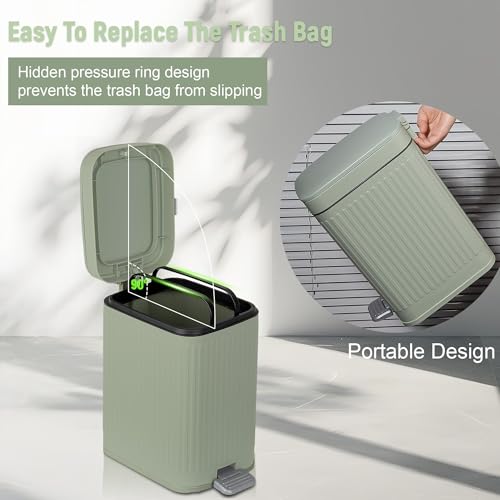 rejomiik Small Bathroom Trash Can with Lid Slim Soft Close Garbage Can Step Wastebasket Container Trash Bin for Office Bedroom Kitchen Living Room (1.9 Gallon Light Green) | Garbage Can with Pedal for Office, Bedroom, Kitchen & Living Room, Narrow Plastic